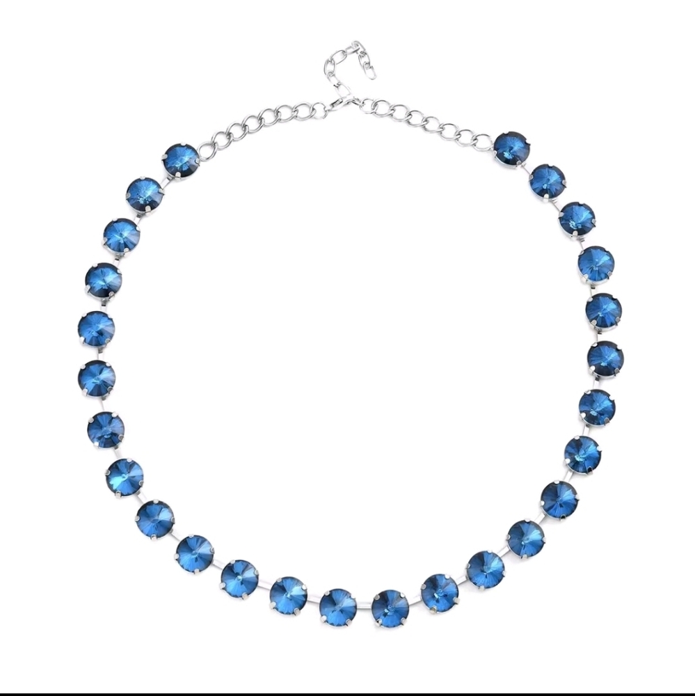 Blue Glass Tennis Necklace 20-22 Inches in Silvertone